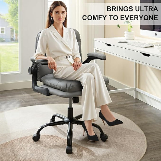 VECELO Ergonomic Swivel Office Desk Chair with Flip-up Armrest and Adjustable Height, Lumbar Support & PU Leather Thickened Cushion, for Computer Task Work, Gray