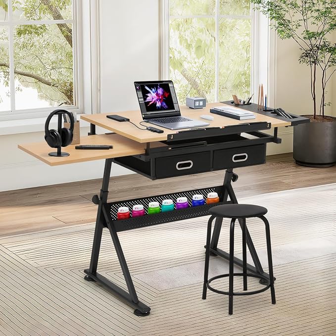 Athena Collection Drafting Table for Artists, Height Adjustable Drawing Table, Dual Desktop Art Desk Metal Frame Art Table Tiltable Craft Desk Paintings Work Station with Stool and Drawers, Natural