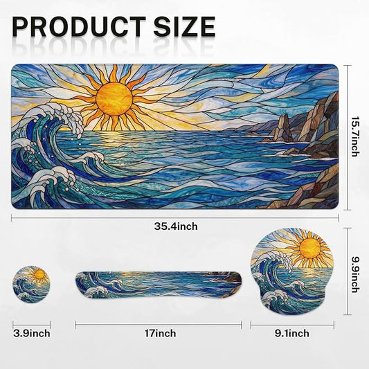 Britimes Blue Ocean Coastal Keyboard Mouse Pad Set Sunrise Abstract 4in1 Large Mousepad+Keyboard Wrist Rest+Mouse Wrist Rest+Coaster Ergonomic Design for Home Office Computer 35.4x15.7 inches