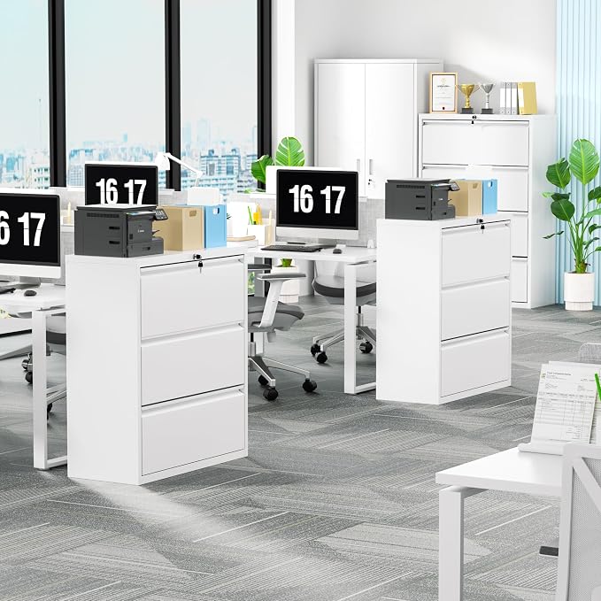 Crownland Lateral File Cabinet with 3 Drawers, 28" W Metal Lockable Office File Cabinets for Home Office- Stores Letter/Legal/A4/F4 Files(White)