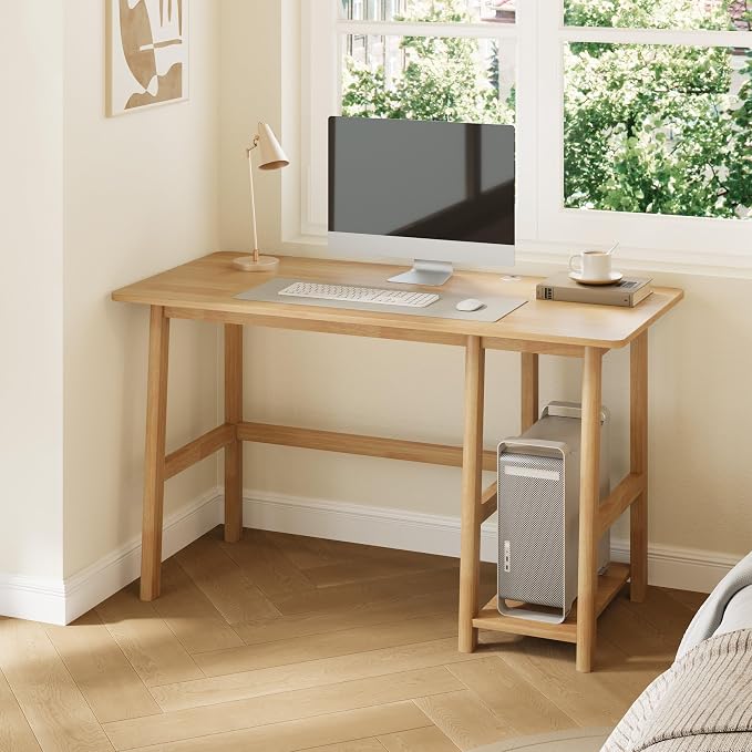 NELYE Solid Wood Computer Desk - 58" W x 24" D Sturdy Computer Workstation with CPU Stand,Modern Minimalist Table for Home Office, Oak