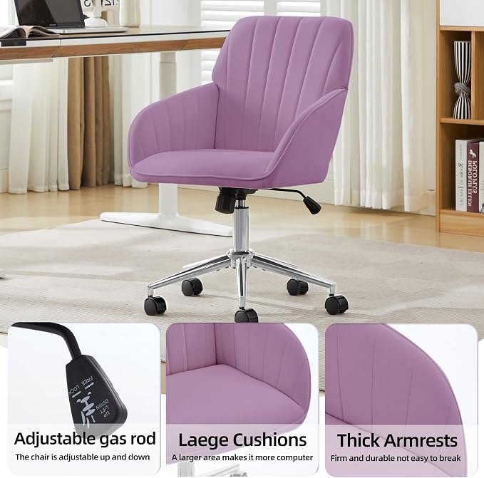 Velvet Home Office Desk Chair, Modern Cute Computer Task Chair with Back, Height Adjustable Upholstered Vanity Chair with Swivel Wheels for Women, Girls (Silver Base, Light Purple