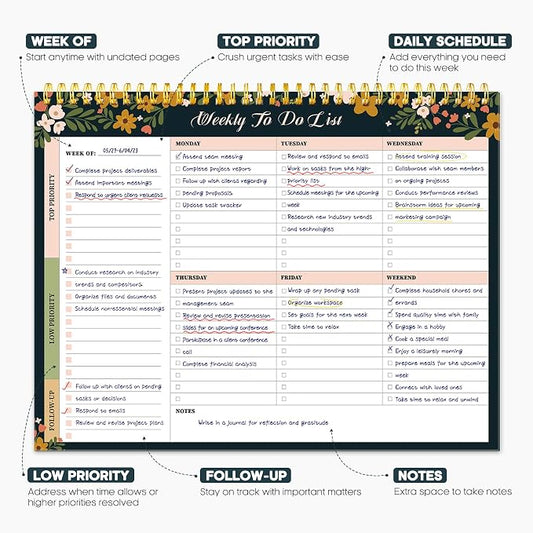 Taja Weekly To Do List Notepad with 52 Undated Sheets(8.5"×11")- Weekly Desk Planner for Women & Man, Work and Home - 1 Pack Rustic Floral
