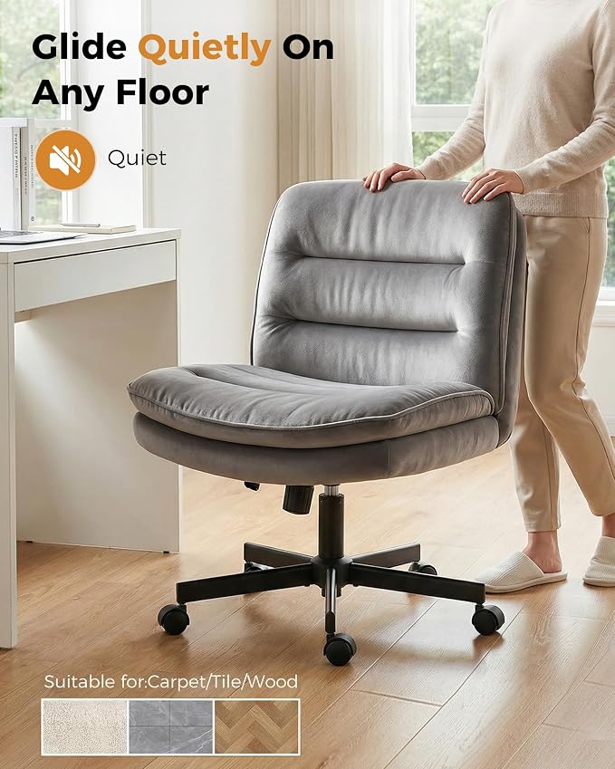 COMHOMA Criss Cross Office Chair with Wheels Armless Desk Chair Comfy, Modern Vanity Chair for Home Bedroom, Comfortable Wide Seat for Lower Back Pain Relief, Soft Velvet, Gray
