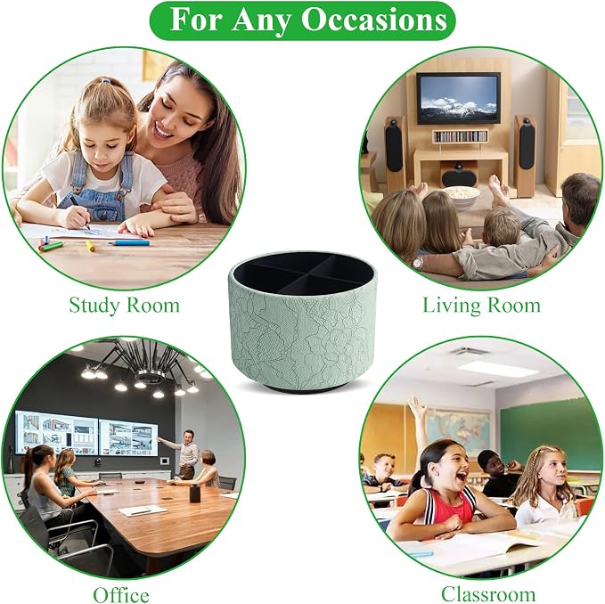 Round Leather Art Supply Organizer,Remote Control Holder,360 Degree Spinning,Multi-Functional Pencil Holder,4 Compartments Desktop Stationary Organizer(1-Lace Flower Green1)
