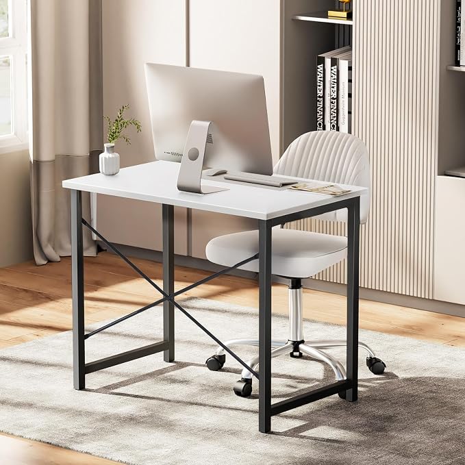 Sweetcrispy 32 Inch Small Computer Desk, Home Office Desk, Small Study Workstation for Bedroom, Study Table with X-Shaped, Modern Simple Gaming Table, Modern White