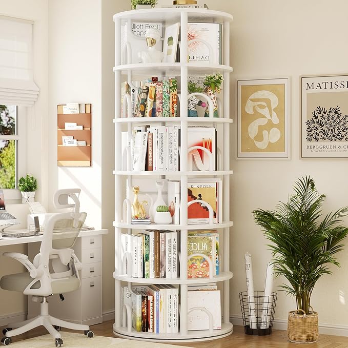 Aheaplus 6 Tier Rotating Bookshelf Tower, Revolving Bookcase, 360° Round Spinning Book Shelf, Narrow Swivel Bookshelves Vertical Rolling Turning Corner Bookshelf Organizer for Small Space, White