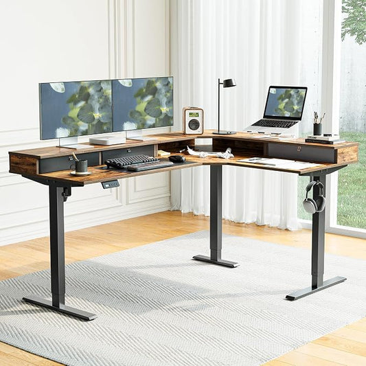 FEZIBO L Shaped Electric Standing Desk, 63x48 inch Large with Drawers | Reversible Tabletop, 2 Memory Height Settings | Home Office & Gaming Height-Adjustable Table, Rustic Brown(2 Packages)