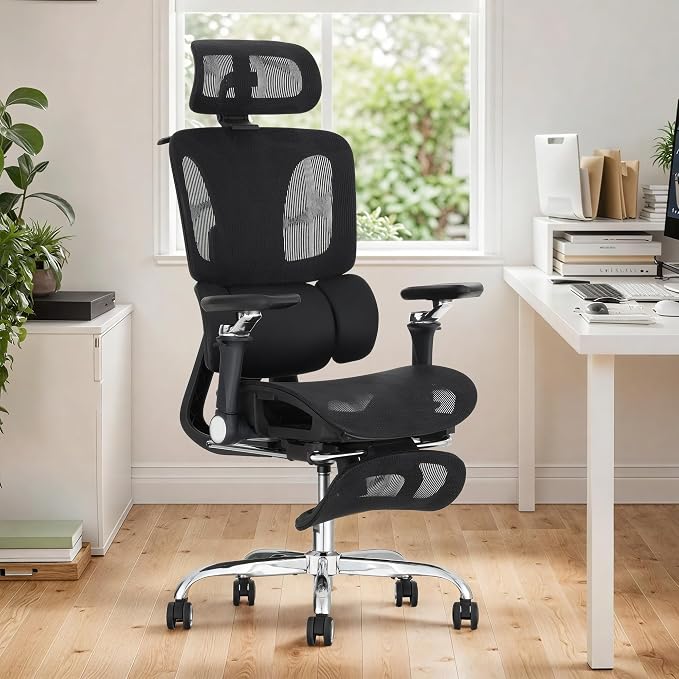 Ergonomic Office Chair with 3-Zone Dynamic Lumbar Support, Big and Tall Office Chair with Footrest, Adjustable Seat Depth,4D Headrest,6D Armrests, Swivel Executive Chair for Home Office,Black