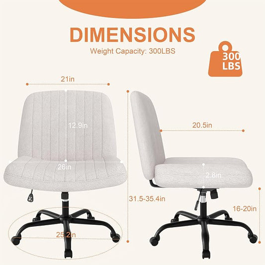 Shintenchi Criss Cross Chair,Cross Legged Office Seat with Wheels Armless Swivel Vanity Chair,Height Adjustable Wide Computer Task Seating for Home Office,Beige