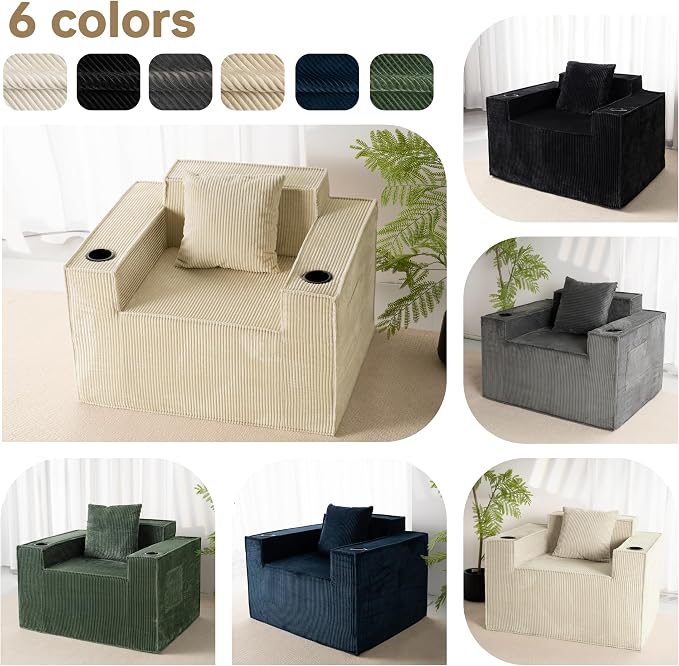 Cloud Single Sofa,Chaise Lounge Chair with Cup Holder & Side Pocket,Elevated Seat Height,No Assembly Required,Boneless Corduroy Chair for Small Space,Bedroom,Office (Khaki, Single Sofa)