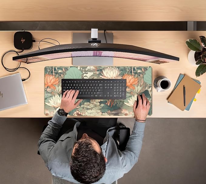 Light Emerald and Orange Floral Desk Mat, XXL Large Extended Mouse Pad Gaming Desk Pad, Aesthetic Asian Lotus Flower Big Laptop Keyboard and Mouse Mat for Women Desktop Office Decor 31.5x15.7 in