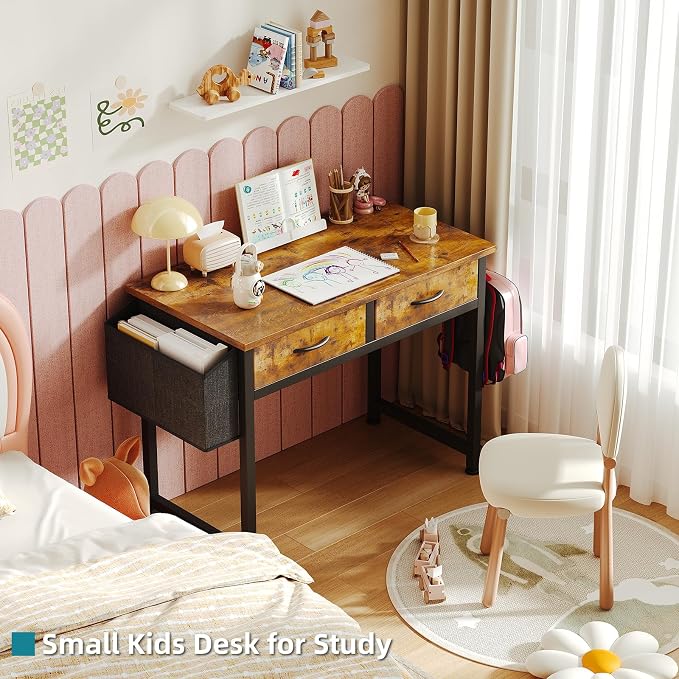 CAIYUN Computer Office Desk for Small Space with Fabric Drawers, Home Office Desk for Bedroom with Side Pocket and Hook, 31 Inch Brown Kid’s Desk, Writing Desk, Study Table and Work Desk