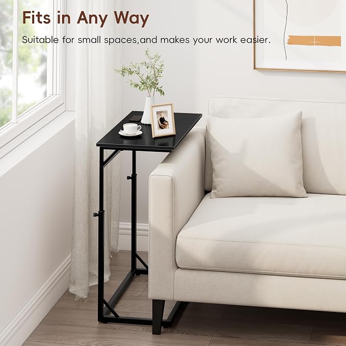 Vagusicc C Shaped End Table with Charging Station, C-Table End Table Adjustable Height Side Table for Couch, Large Couch Tables,Slide Under Sofa Tables TV Tray Arm Tables for Living Room,Bedroom,Black