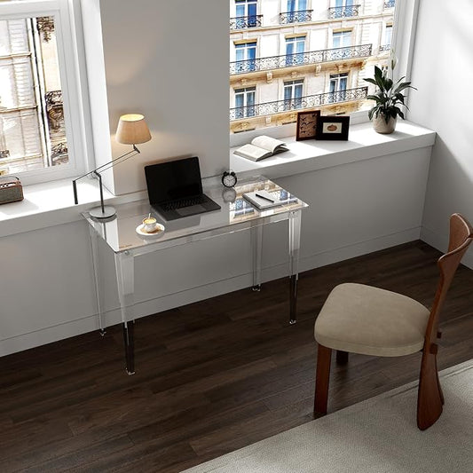 HMYHUM Acrylic Computer Desk, Modern Study Desk for Home, Office, Writing, Vanity, Easy Assembly Right-Angle Legs Design, Clear, 43.3" L x 19.7" W x 29.5" H