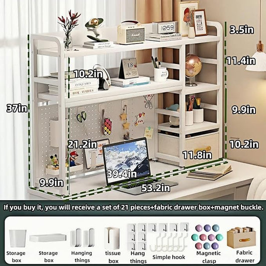 Desktop Bookshelf, pegboard Storage and Organization Rack, Dorm Desk Shelf, Desk Hutch, Desktop Storage for Office, Study, Student Display Rack,Desktop Shelves (White 53.2" Lx9.9 Wx37 H)