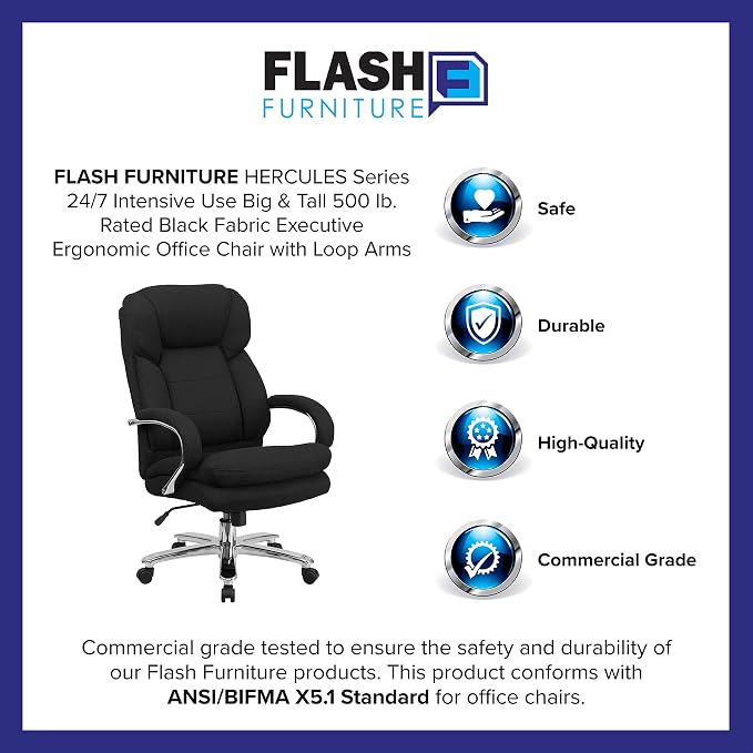 Flash Furniture Hercules Series Swivel Office Chair with Loop Arms, Ergonomic High-Back Executive Chair with Padded Seat and Arms, Black