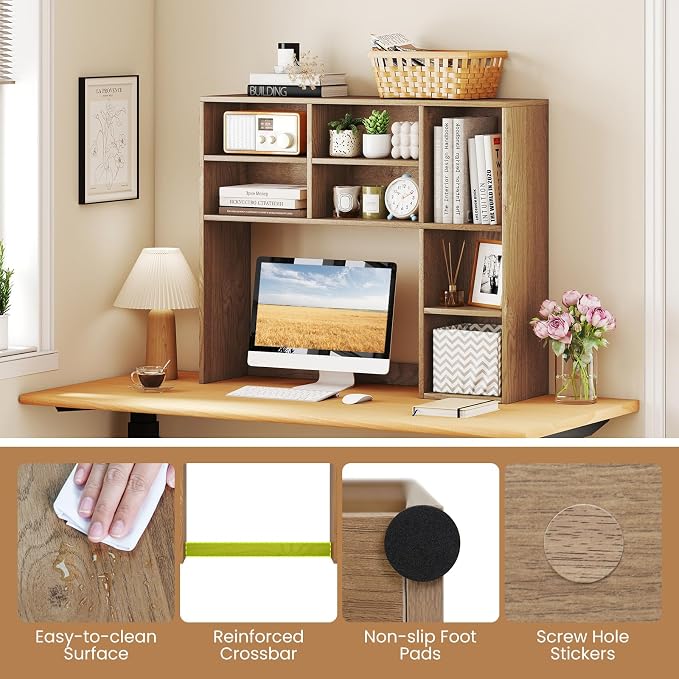 GOFLAME 7 Cubes Desktop Bookshelf, 37” Desk Organizer Shelf with 3 Adjustable Shelves, 3-Tier Wood Countertop Display Rack, Multipurpose Tabletop Desk Hutch for Dorm, Home Office, Natural