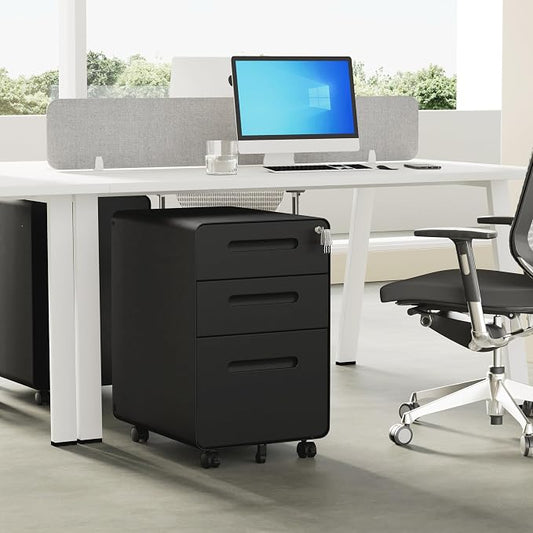 File Cabinet, Mobile Filing Cabinet with Lock, All Steel Structure Printer Stand, Fully Assembled Except Casters, Under Desk Storage for Home Office, 3 Drawers Document Organizer, Black