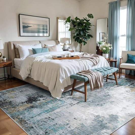 Ciicool Modern Abstract Rug for Living Room, 5'x7' Machine Washable Soft Area Rug Non-Slip Rug, Low-Pile Contemporary Indoor Dining Floor Carpet for Bedroom Office Under Table Home Decor Teal Gold
