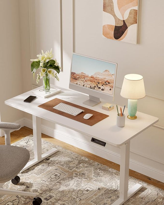 DESINO Standing Desk, 63 × 28 Inches Electric Height Adjustable, Sit and Stand Up, Computer Office Desk with Splice Board, White Frame/White TOP