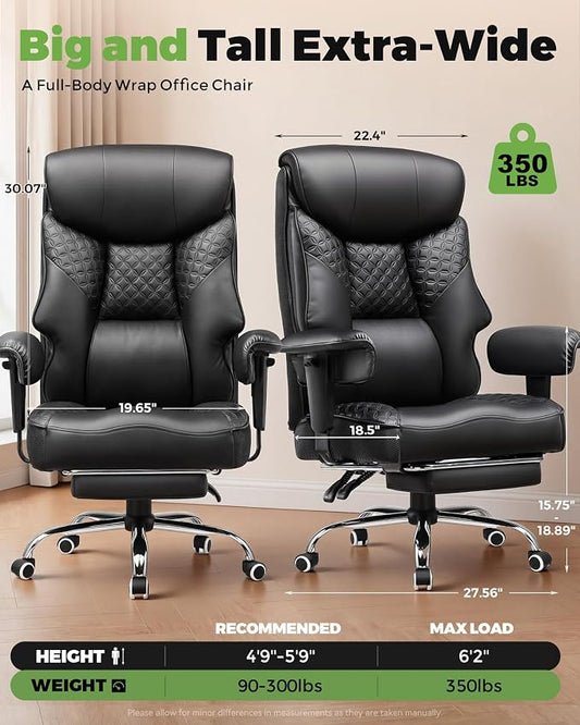 GTPLAYER Big and Tall Office Chair High Back Computer Gaming Chair with Ergonomic Lumbar Support &Pocket Spring Cushion for Lower Back Pain Relief, Leather Executive Chair with Foot Rest, Black
