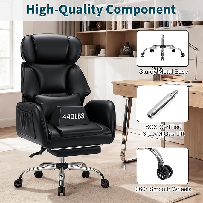 HOFFREE Criss Cross Office Chair with Wheels Ergonomic Office Chair with Reversible Armrest Wide Seat Comfy Desk Chair with Foot Rest for Gaming, Reading, Working (Black,Leather)