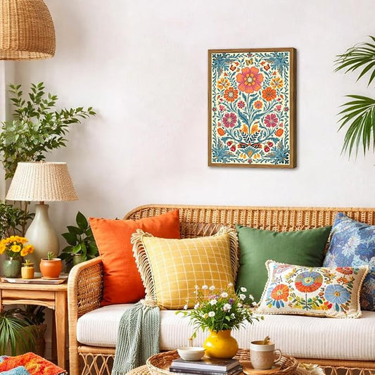 Framed Vintage Mexican Floral Canvas Wall Art, Colorful Folk Flower Wall Decor Pictures, Boho Botanical Painting Prints Rustic Home Decor for Living Room Bedroom 12x16 inch