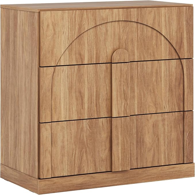 BELLEZE 31.5" Kitchen Storage Cabinet with 3 Drawers, Freestanding Accent Cabinet with Wood Handles & Arched Design, Modern Credenza for Living Room, Entryway - Camel