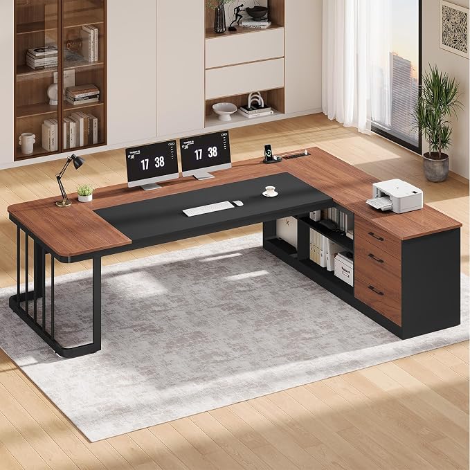 UPOSOJA 78.7" Executive Desk, Large Office Desk with Drawers & Storage Shelves, Modern L Shaped Computer Desk Corner Desk with Power Outlets, File Cabinet, Business Furniture Desk Workstation (Walnut)
