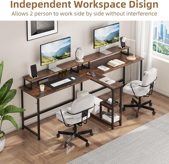Mexin 2 Person Desk-83.7 Inch Double Computer Desk with Monitor Stand and Power Outlets, Office Desk with Storage Shelves, Long Desk for Home Office, Rustic Brown