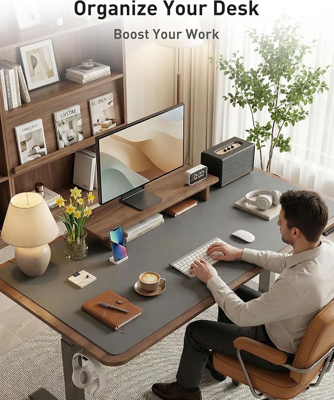 Aothia Faux Leather Desk Mat - Large Mouse Pad, Non-Slip PU Leather Blotter, Waterproof Writing Surface for Office and Home (Grey, 63" x 17")