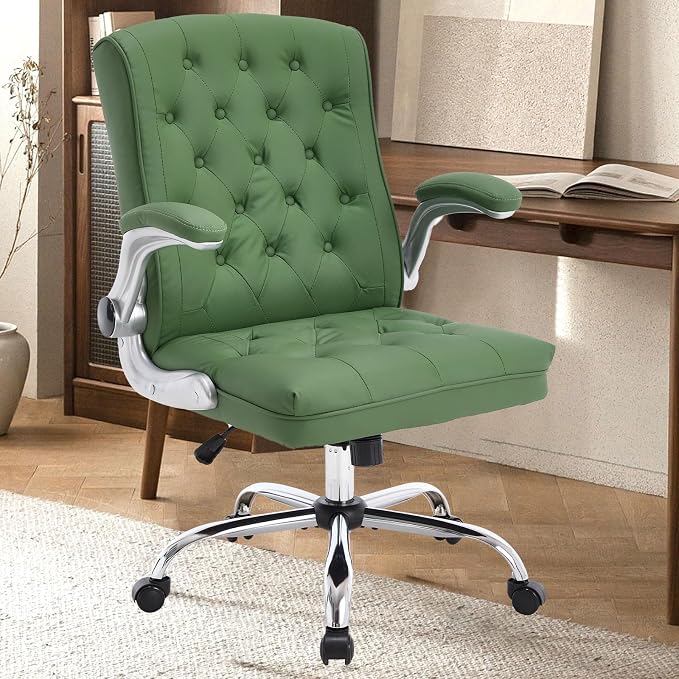 Mid-Back Office Chair, Modern Leather Ergonomic Executive Desk Chair with Flip Up Arm, Mid Century Swivel Task Chair, Small Rocking Computer Chair with Wheels for Home Office Meeting Room
