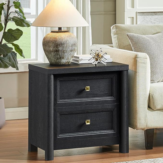 Black Nightstand Set of 2, Farmhouse Night Stand Set 2, Black and Gold Nightstand with 2 Drawers, Wood Bed Side Table for Bedroom, 23.3” Tall Nightstand with Gold Knob, Wooden End Table Sofa Couch