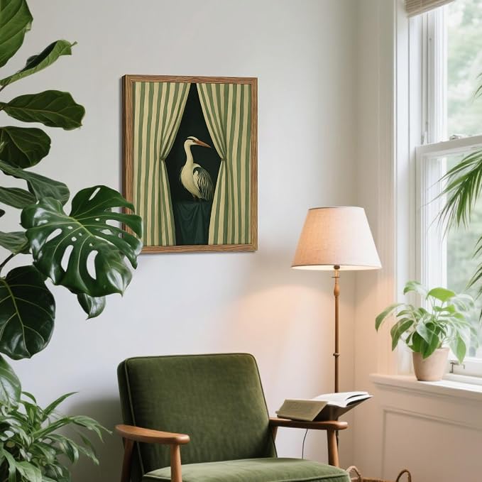Framed Curtain Crane Canvas Wall ArtFramed Bird Wall Art, Elegant Heron Canvas Print, Vintage Coastal Bird Wall Decor, Abstract Heron Painting, Striped Curtain Picture Poster Artwork for Living Room Bedroom 16x24 inch