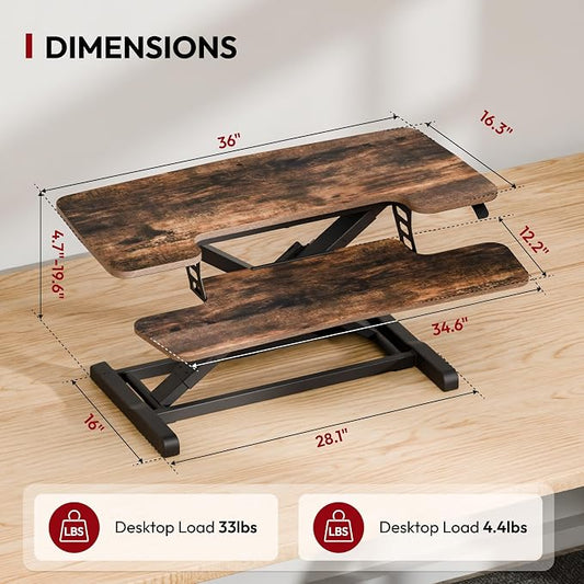 SANODESK 36" Standing Desk Converter, Height Adjustable Sit-Stand Computer Riser, Dual Monitor Workstation with Keyboard Tray, Ergonomic Tabletop, Rustic Brown