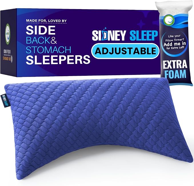 Sidney Sleep Adjustable Curved Pillows for Neck and Shoulder Support with Extra Shredded Fill - Cervical Contour Pillow for Side and Back Sleepers - Queen Size 19" x 29" - CertiPUR-US Certified (Blue)