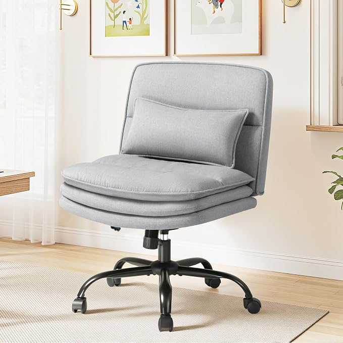 Furmax Criss Cross Legged Office Chair with Wheels, Armless Extra Wide Seat Swivel Desk Chair, Adjustable Height Comfy Task Chair with Thick Cushion for Home Office Bedroom Vanity (Fabric, Grey)