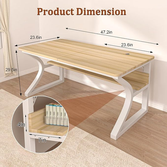 47 inch Computer Desk, Home Office Desk with Storage Shelf, Sturdy U-Shaped Metal Frame Study Table with Cable Management, Gaming Desk for Office & Bedroom (Light Walnut, 47inch)