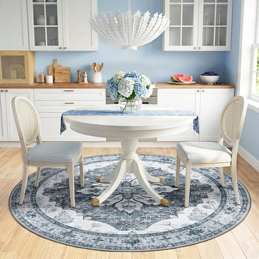 RELEANY Area Rugs Round 6ft Washable Non-Slip, Floral Vintage Distress Medallion Carpet for Living Room Bedroom Dining Room, Light Gray Grey White