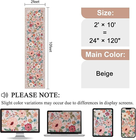 DUKINO 2x10 Runner Rug for Hallway, Washable Kitchen Runner Rug with Non Slip Backing, Low Pile Soft Boho Floral Carpet Carpet for Kitchen, Hallway, Entryway, Laundry, Bedroom, Beige