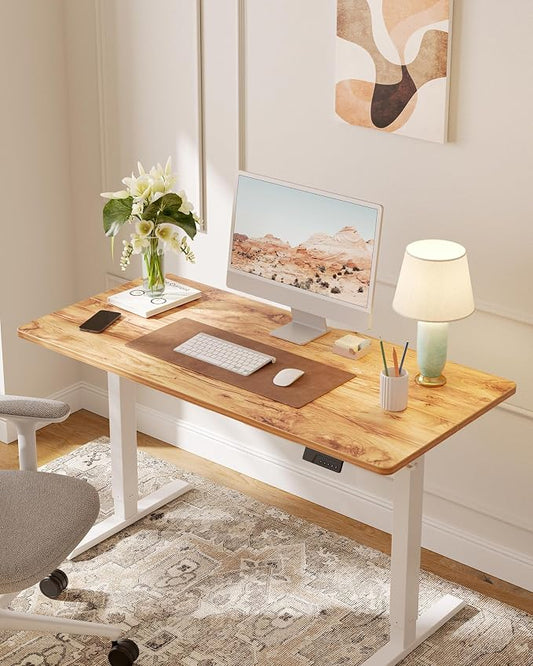 DESINO Standing Desk, 40 × 24 Inches Electric Height Adjustable, Sit and Stand Up, Computer Office Desk with Splice Board, White Frame/Light Rustic TOP