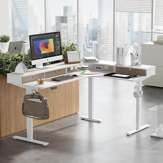 FEZIBO L Shaped Electric Standing Desk, 63 x 48 inch Large with Drawers | Reversible Tabletop, 2 Memory Height Settings | Home Office & Gaming Height-Adjustable Table, Warm White(2 Packages)