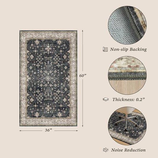 Black Modern Farmhouse 3x5 Office Chair Mat for Hard Wood & Tile Floor, Low Pile Carpet Floor Protector for Rolling Chair, Machine Washable Under Desk Rug, Non Slip Rubber Backing