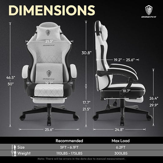 Dowinx Gaming Chair Fabric with Pocket Spring Cushion, High Back Ergonomic Computer Chair with Footrest for Adults, Massage Lumbar Support Swivel Game Chair for Office Gaming 300LBS, Black and Gray