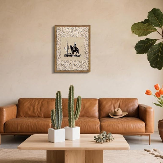 Western Cowboy Wall Art - Framed Canvas Cactus Poster for Living Room & Entryway, Vintage Horse Silhouette in Wood Frame, Rustic Floral Border Print, Farmhouse Decor 16x24 inch
