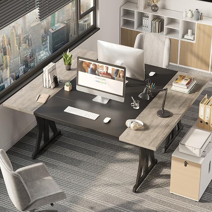 Bestier 70 Inch Large Executive Desk, Modern Simple Computer Office Desk with Thickened Desktop, Wood Metal Conference Room Table for Home Office, Business & Writing, Grey