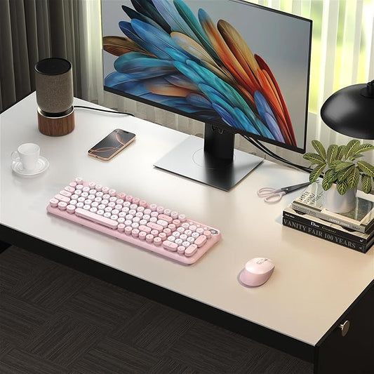 Wireless Keyboard and Mouse Combo, 2.4GHz USB Receiver, Plug and Play, Retro Full Size Typewriter Keyboard and Wireless Mouse for Computer, Laptop, Windows, Mac, and PC (Pink)