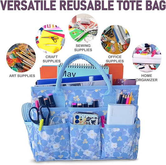 Cupohus Craft Organizer Tote Bag – Art Organizer, Craft Caddy with Multiple Pockets, Large Capacity Supply Storage Bag for Sewing, Knitting, Painting, and Travel(Blue Print)