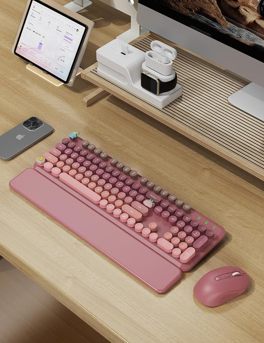 Wireless Keyboard and Mouse Combo, Typewriter Keyboard with Detachable Wrist Rest, Full-Size Retro Round Keycaps, Smart-Sleep, 2.4GHz Stable Connection for Mac/Windows/PC, Trueque(Ombre Dusty Rose)